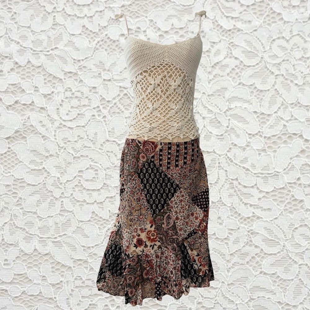 vintage patchwork floral & paisley patterned assymetrical ruffle hem midi skirt